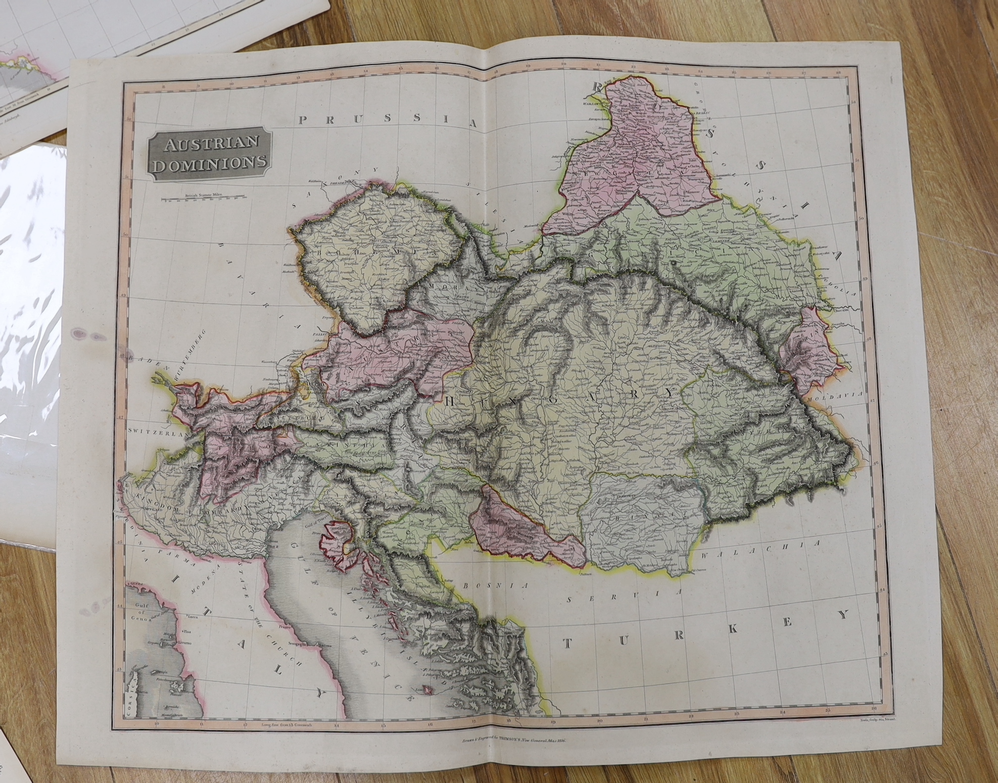 Eight antique unframed maps including Europe and Belgium by A K Johnston, Austrian Dominions, for Thomson’s New General Atlas 1816 and Empire D’Autriche